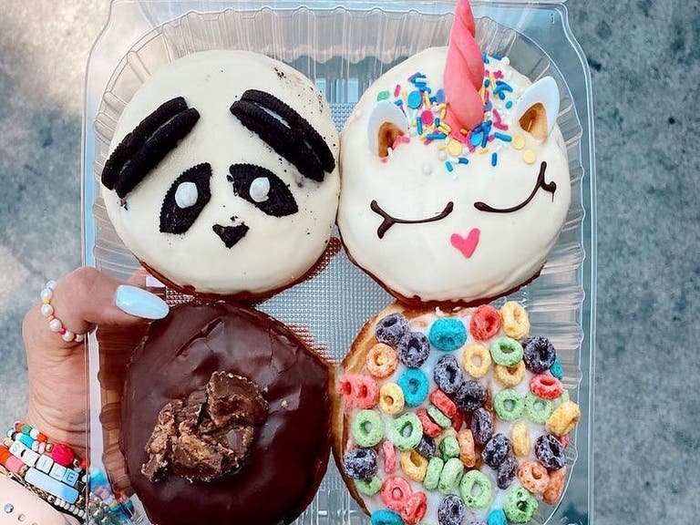 Panda, unicorn and Froot Loops donuts at California Donuts in Koreatown