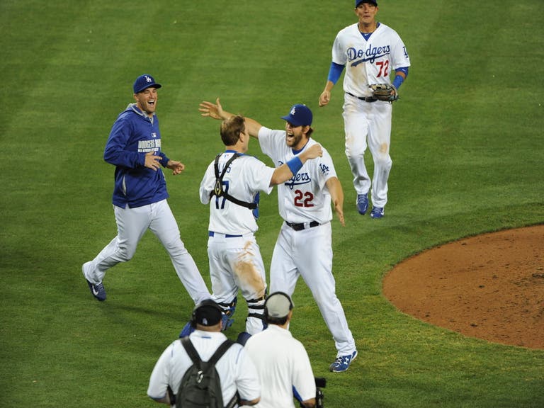 The Dodgers celebrate Clayton Kershaw's no-hitter at Dodger Stadium on June 18, 2014