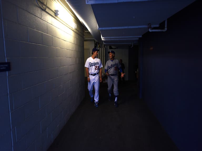 Clayton Kershaw and Sandy Koufax before the Old-Timers Game at Dodger Stadium in 2015
