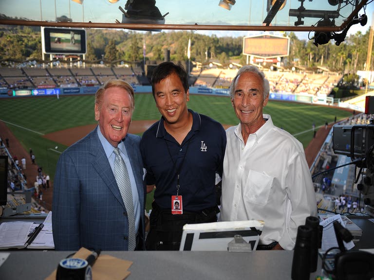 Vin Scully, Jon SooHoo and Sandy Koufax at Dodger Stadium in August 2012