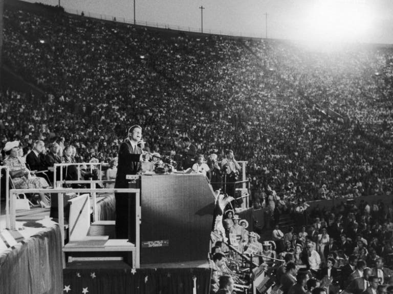 President John F. Kennedy delivers "The New Frontier" speech at Los Angeles Memorial Coliseum on July 15, 1960