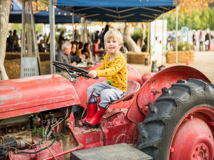 A boy is sitting on a tractor at A Gentle Thanksgiving