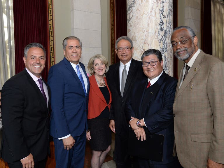 From left to right: Councilmember Joe Buscaino, District 15; LATMD Chairman Javier Cano; Los Angeles Tourism SVP of Business Affairs Patti MacJennett; Los Angeles Tourism President & CEO Ernest Wooden Jr.; LACTD Executive Director Doane Liu; Councilmember Curren D. Price, Jr., District 9