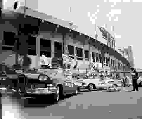 The Dodgers arrive at the LA Coliseum on Opening Day in 1958