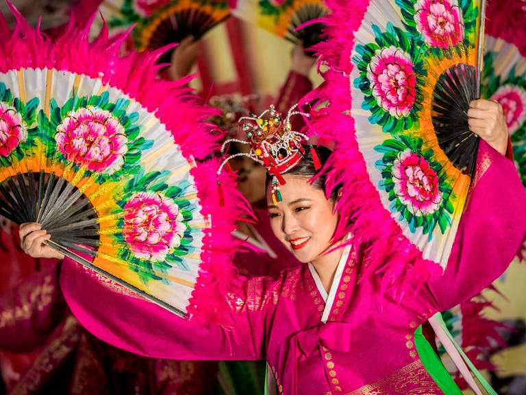 Korean fan dancer performs in the Lunar New Year Festival at the Port of Los Angeles