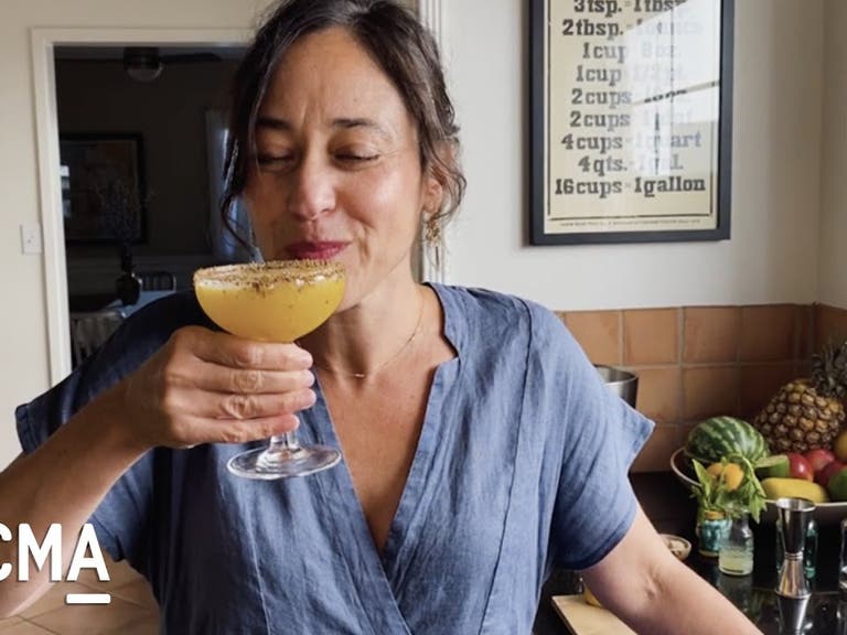 Chef Maite Gomez-Rejón sips her Mango-Pineapple Mezcal Margarita on Cooking with LACMA