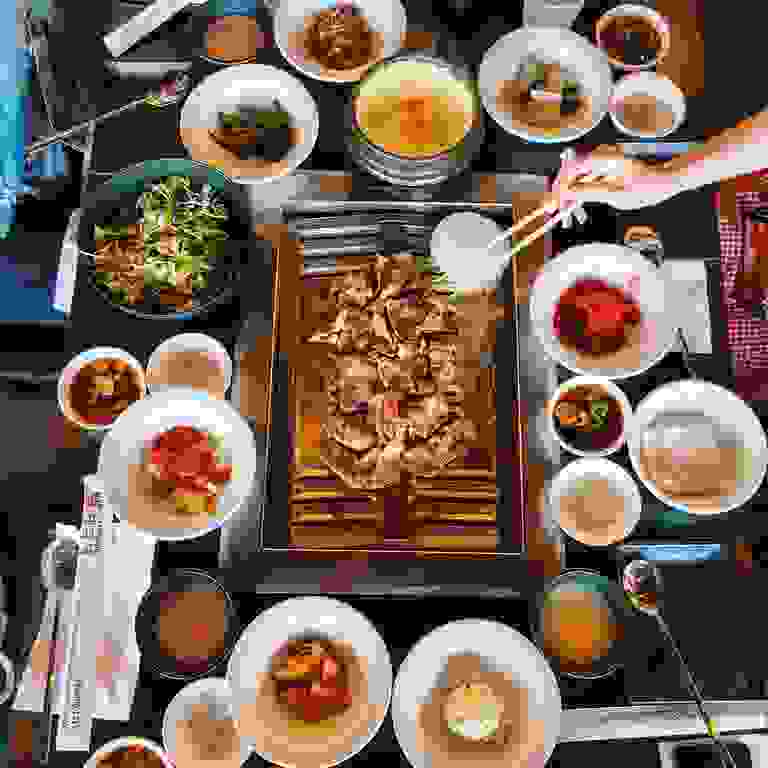 Overhead view of dishes at Park's BBQ in Koreatown