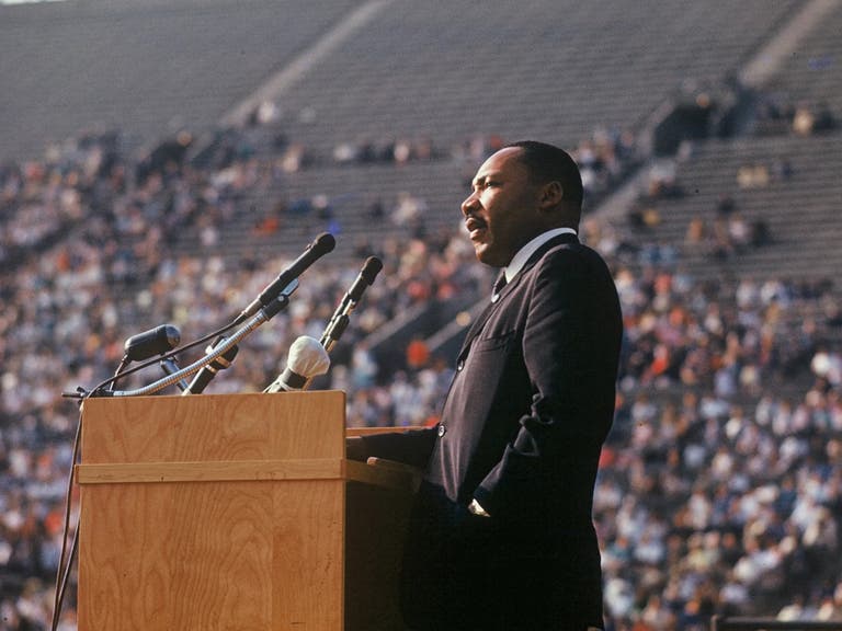 Martin Luther King Jr. speaks at the LA Memorial Coliseum