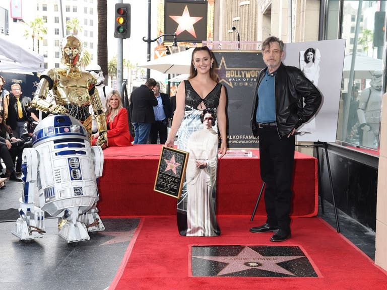 R2-D2, C-3PO, Billie Lourd and Mark Hamill at Carrie Fisher's Walk of Fame ceremony