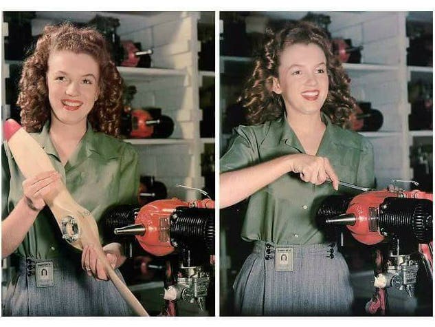 Norma Jeane Dougherty at the Radioplane factory, photographed by David Conover for "Yank" (June 1945)